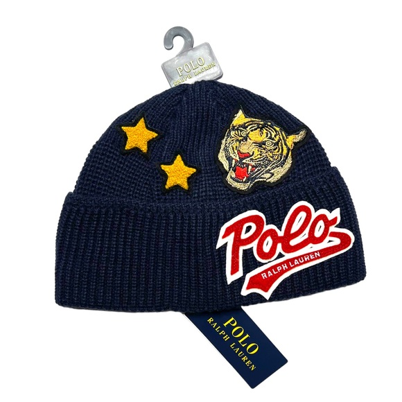 POLO RALPH LAUREN Tiger Varsity Patch Beanie Hat Blue - Picture 9 of 13